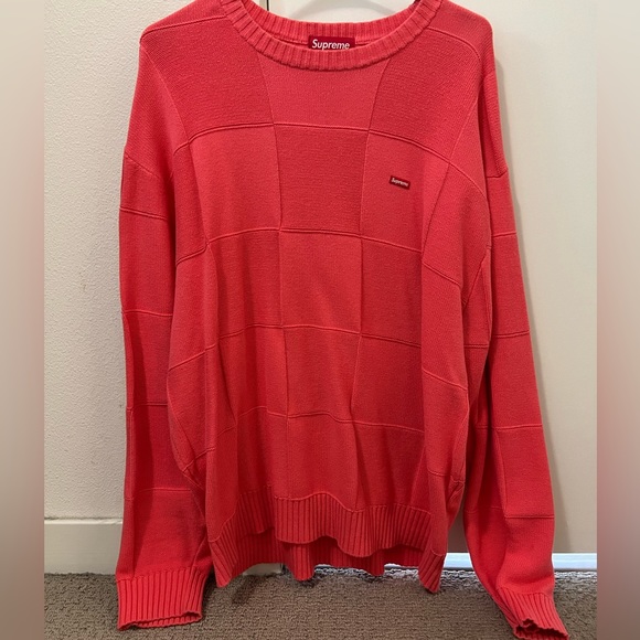 SUPREME Tonal Checkerboard Small Box Sweater Coral Sz Large - Picture 2 of 8